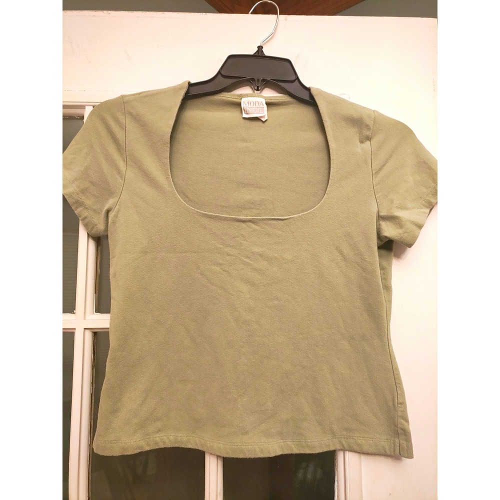 Moda International Vintage Large Olive Green Square Neck Stretch Top Y2K USA